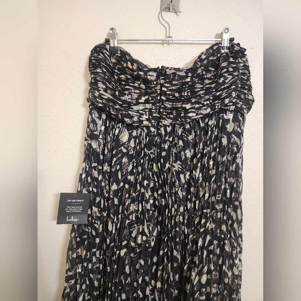 Lulus Lynwen Black Abstract Pleated Strapless Maxi Dress L Wedding Party Formal - Picture 9 of 10